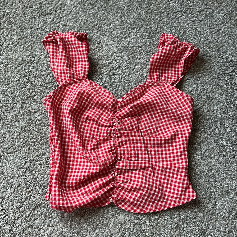 Sienna Sky Red Gingham sweetheart neck gathered tank sz s